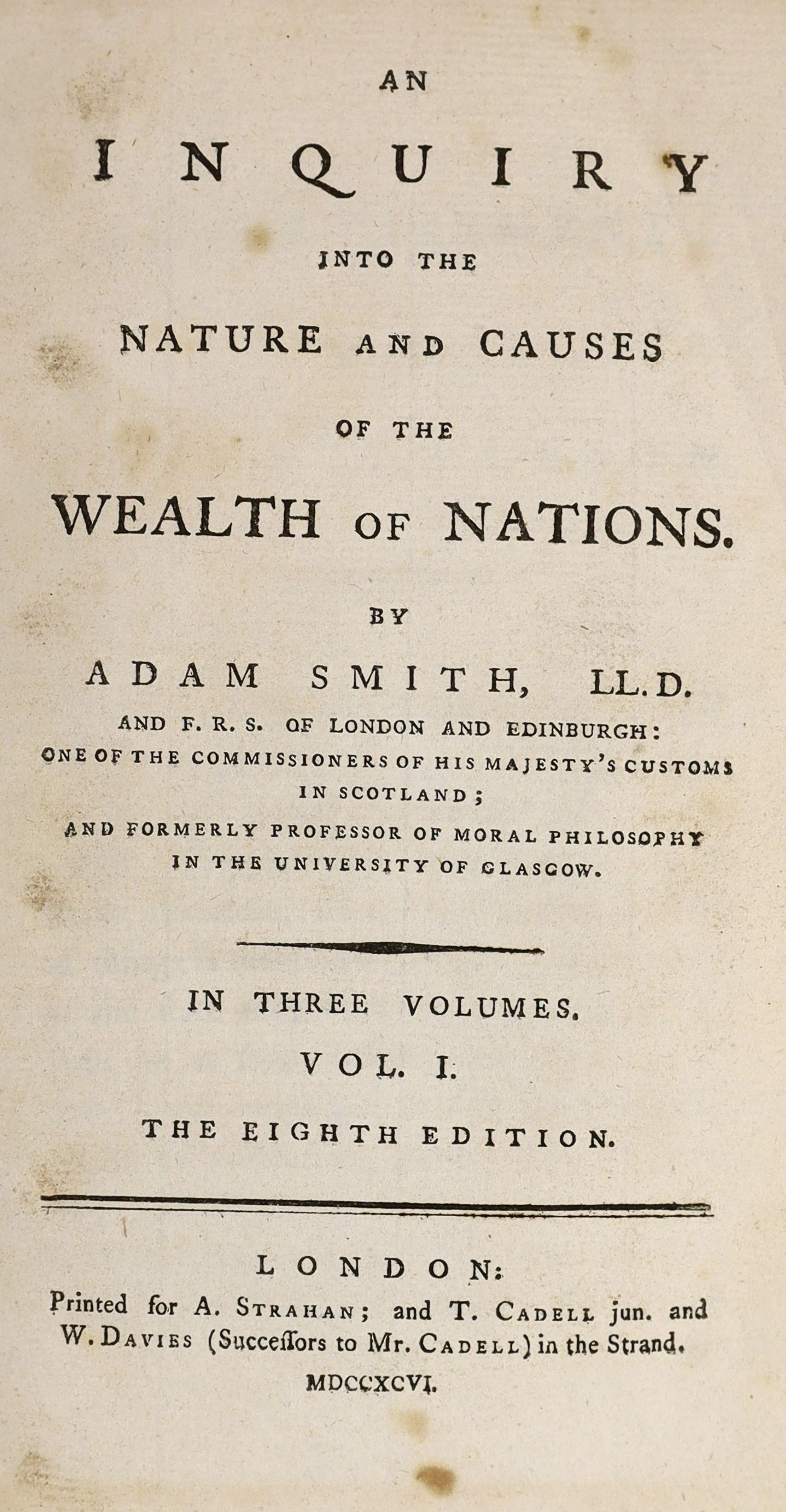 Smith, Adam - An Enquiry into the Nature and Causes of the Wealth of Nations, 8th edition, vols 1 & 2 only (of 3), 8vo, tree calf, London, 1796